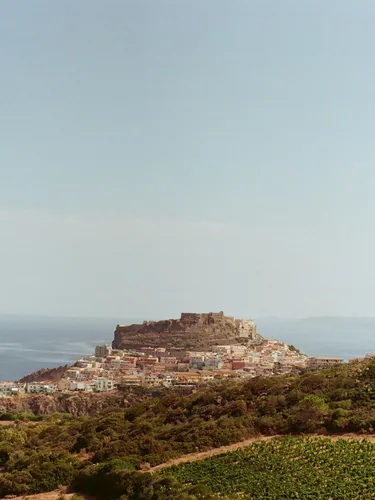 Coastal town with a historic fortress on a hill, overlooking the sea. Lush green landscape in the foreground under a clear, bright sky. Serene ambiance.