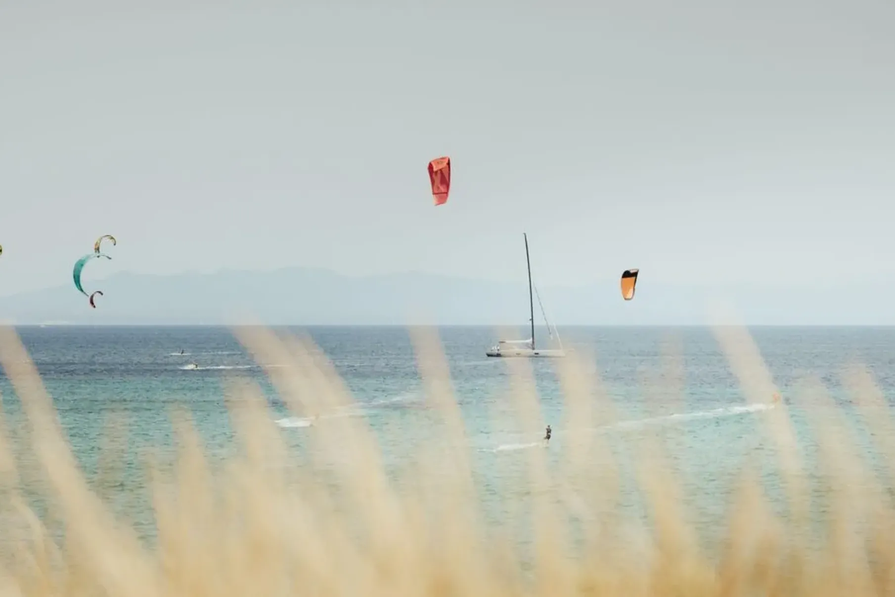 Kitesurfers with colorful kites glide over a calm sea alongside a sailing boat. Dry grasses sway in the foreground under a soft, pale sky.